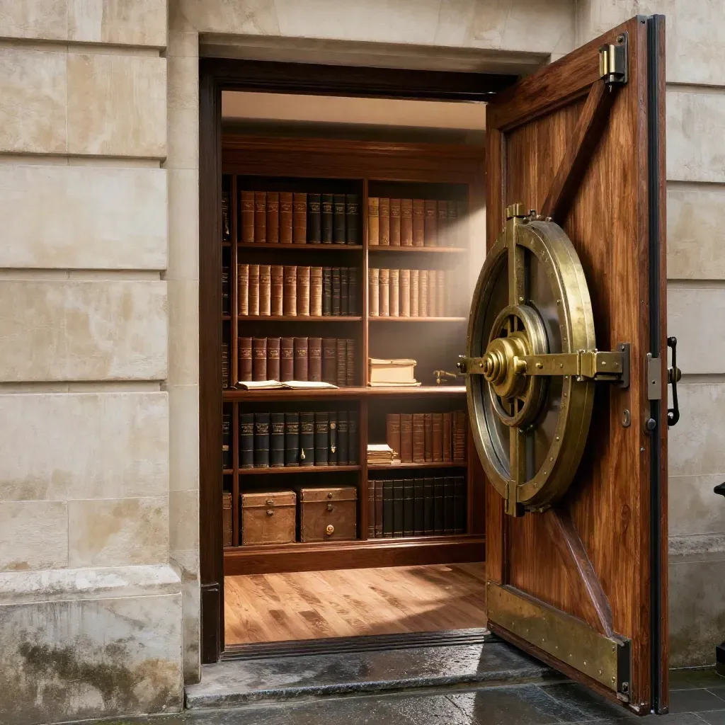 Walnut trust library with open vault door, archival boxes, ledgers and brass key tray in storm light.