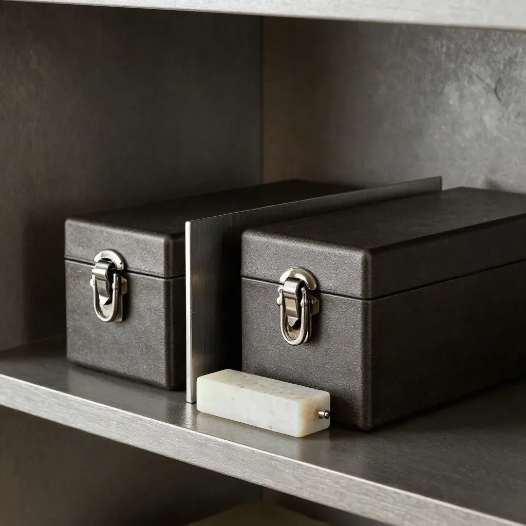Two separated lockboxes with a steel divider on a dark shelf in a stone alcove.
