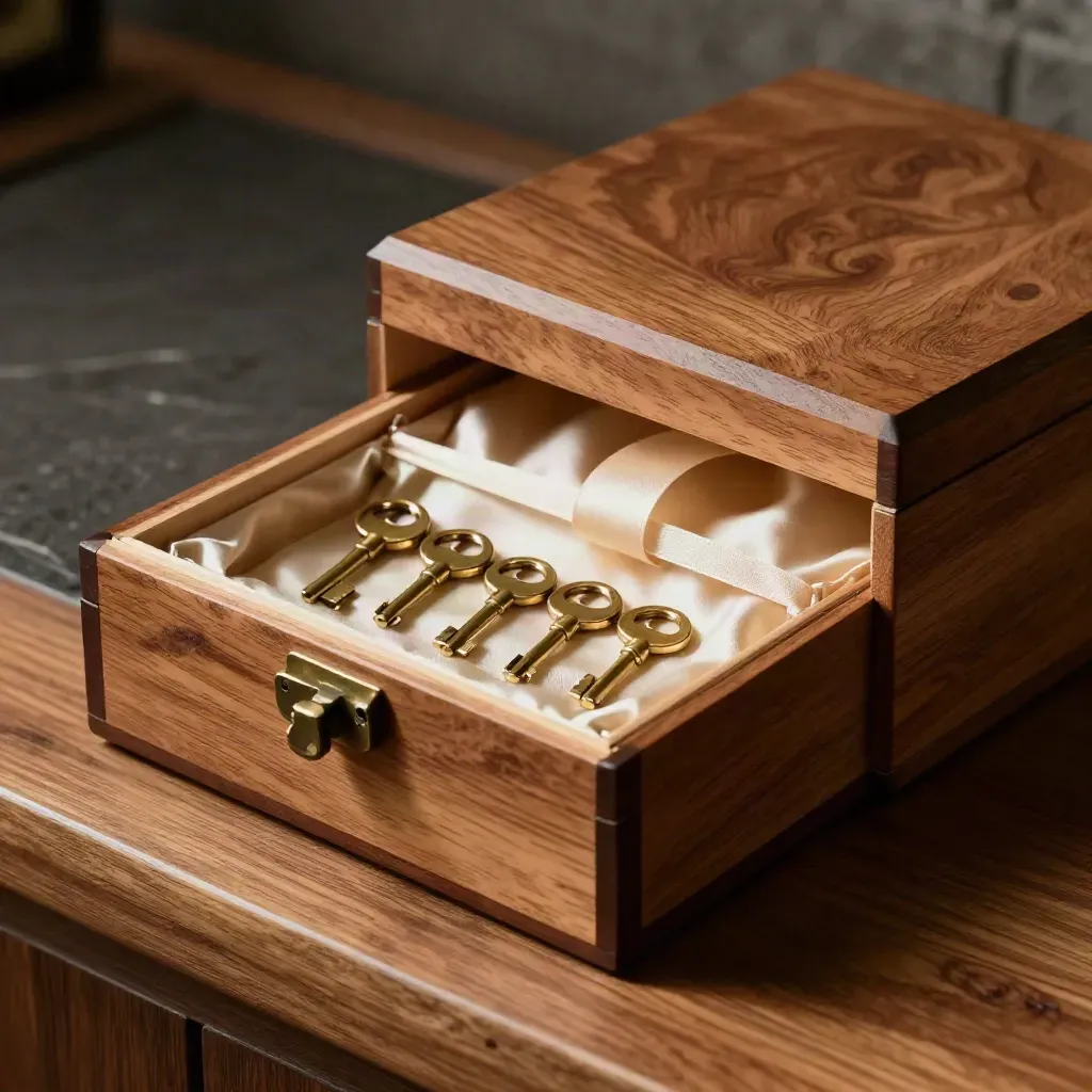 Macro of cedar keepsake boxes, heirloom brass keys and an ivory ribbon on a walnut ledge.