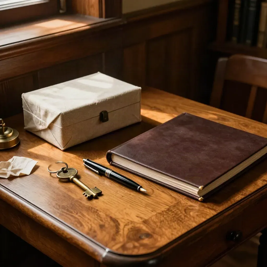 Estate settlement still life with keys, keepsake box, fountain pen, and closed folder on oak.