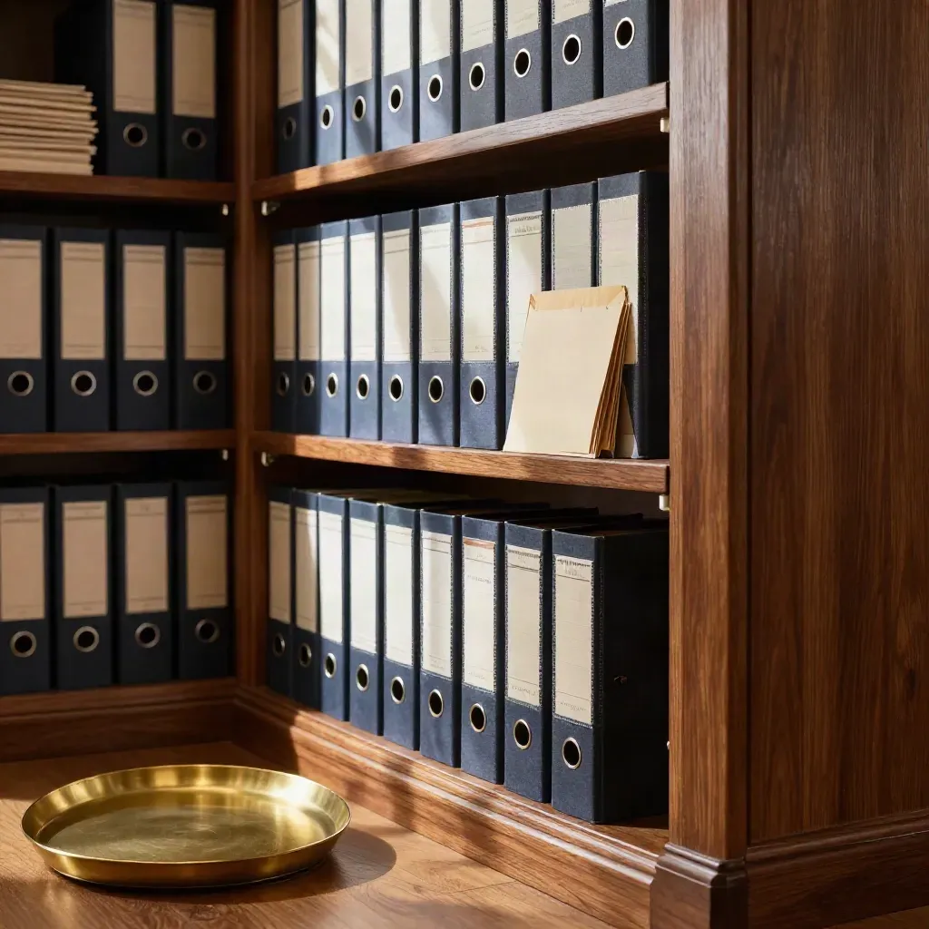 Walnut trust archive with binders, brass tray, and sealed envelopes in a bright alcove.