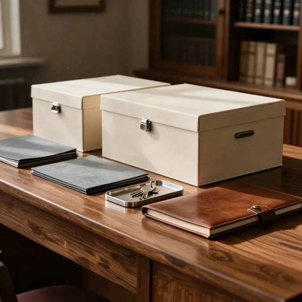 Trust archive boxes, closing kit, and house keys on a stone slab in a quiet closing room.