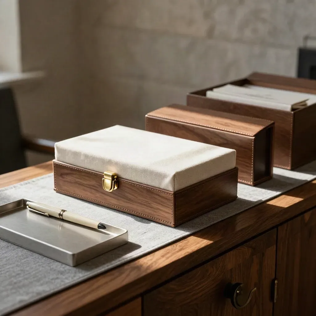 Kept-safe boxes and a closed transfer tray on a walnut credenza in warm late-afternoon light.