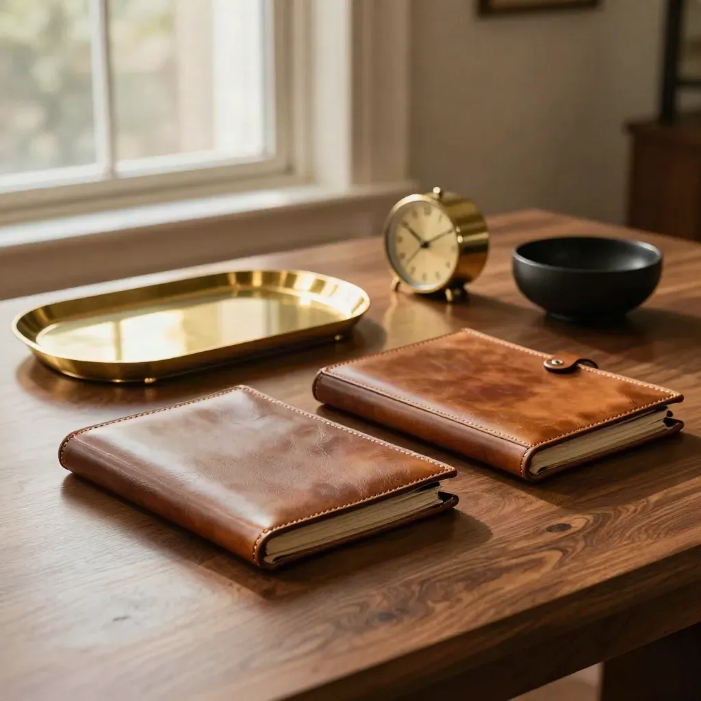 Closed leather portfolios, brass trays, analog clock and key bowl on a sunlit family office desk.