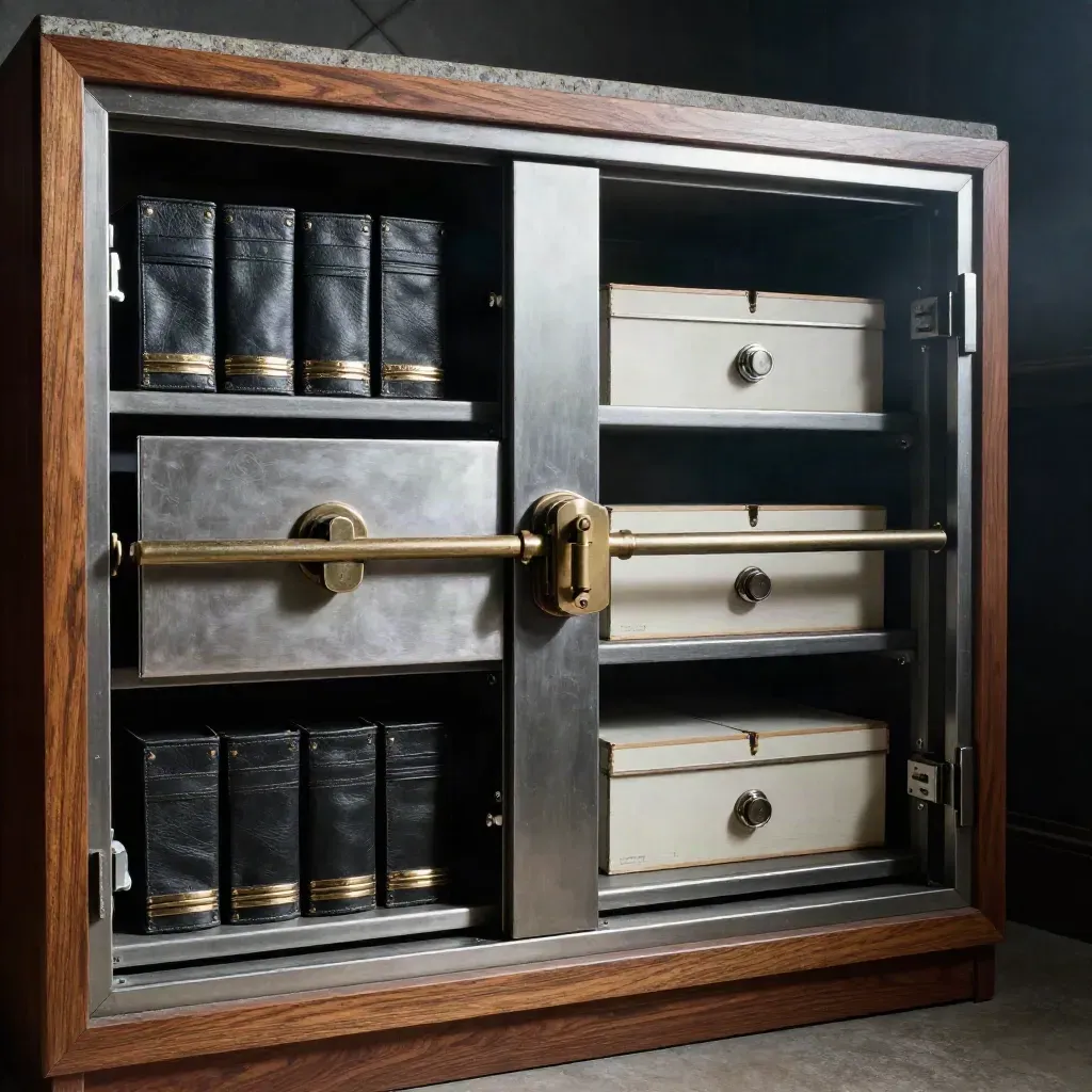Twin steel vault drawers separated by a bronze lock bar in a dim secure room