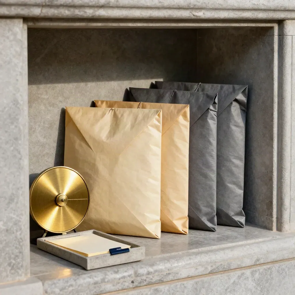 Sealed mailers and a brass calendar wheel in a stone niche for beneficiary support.