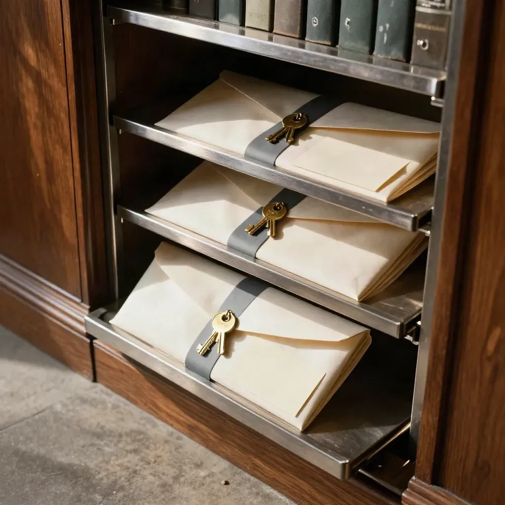 Three beneficiary packets with brass key tags settle on a pewter shelf in a trust office alcove.