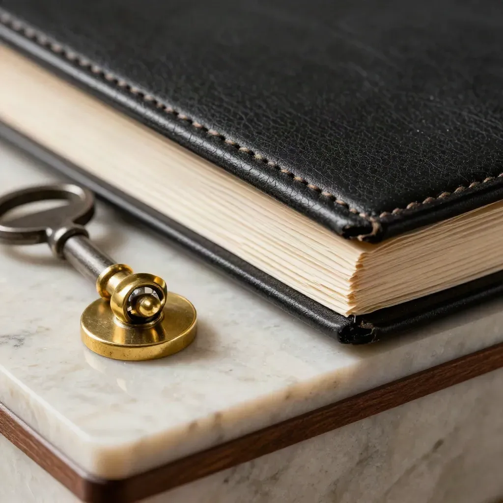 Macro still life of a brass seal, archive key, and leather folio on travertine.