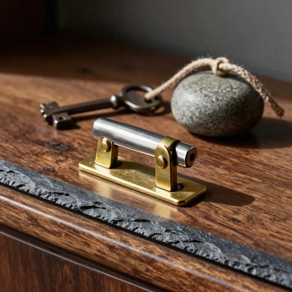 Locked probate latch, antique key and cord-wrapped stone weight on a walnut shelf in dramatic light