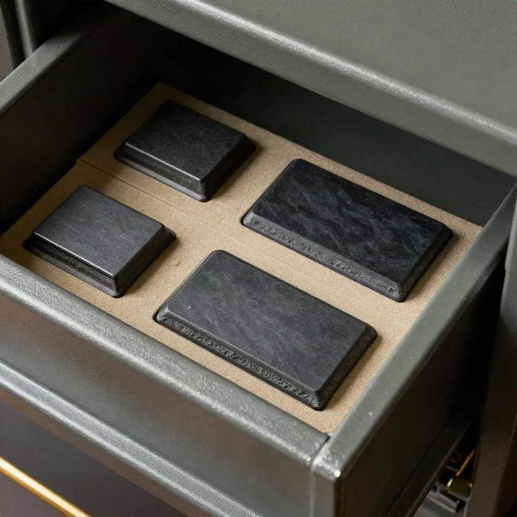 Steel safe plate, dual organizer and slate paperweight in a vault-like closeup