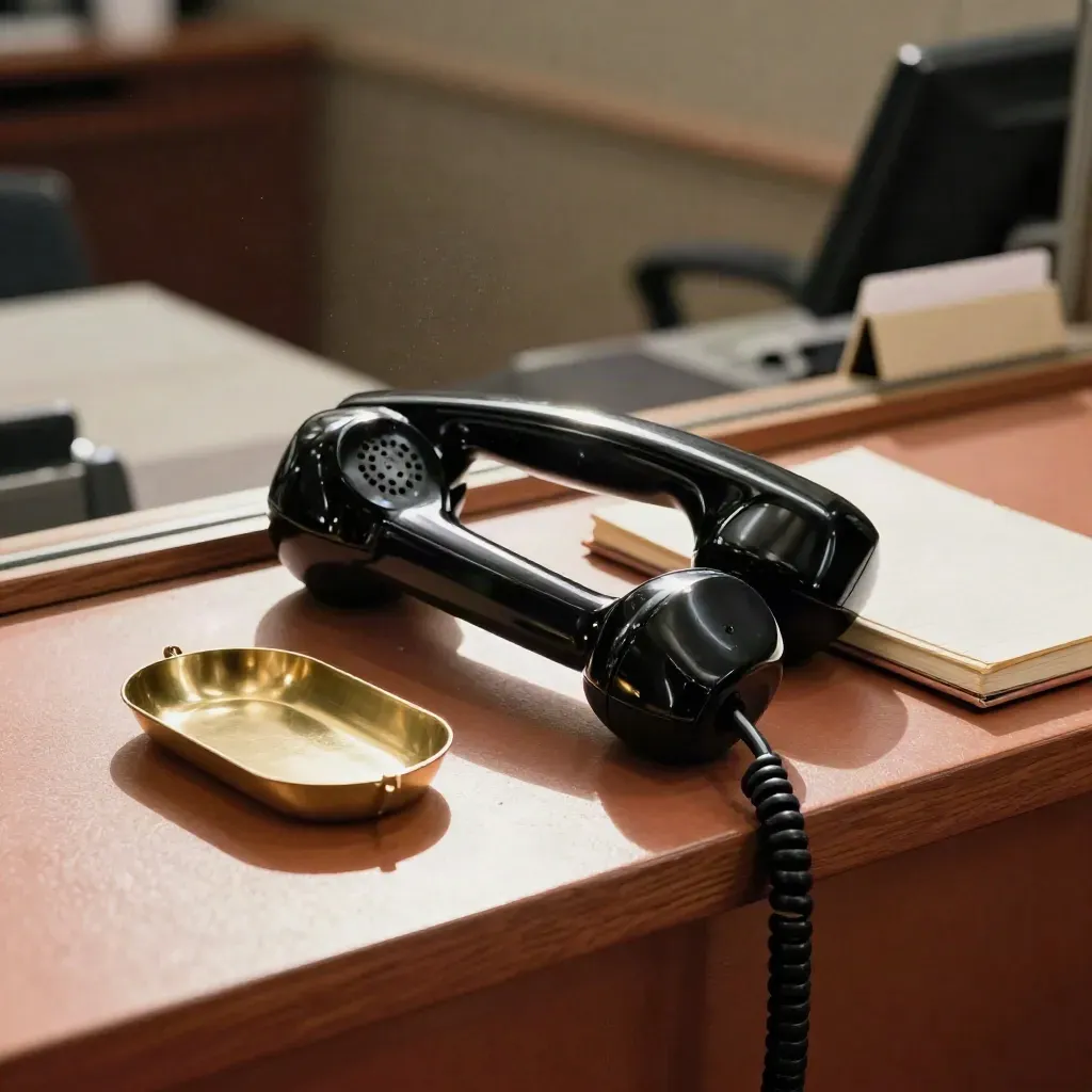 Polished handset, brass tray and notebook on a terracotta ledge in soft directional light.