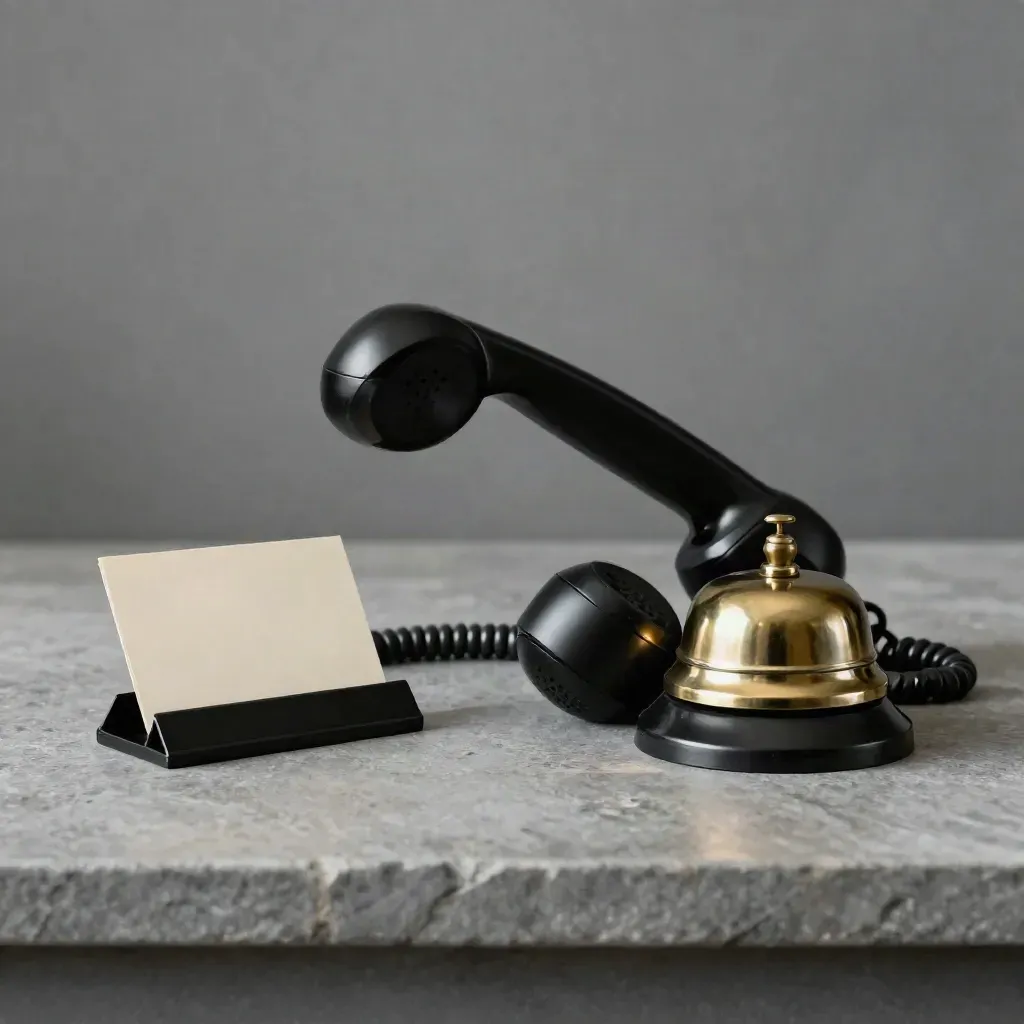 Telephone handset, brass call bell, and black appointment card holder on a stone shelf.