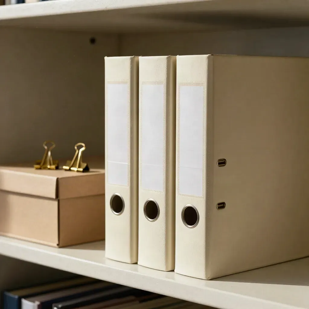 Ivory archival binders, sealed file box and brass clips on a pale plaster shelf