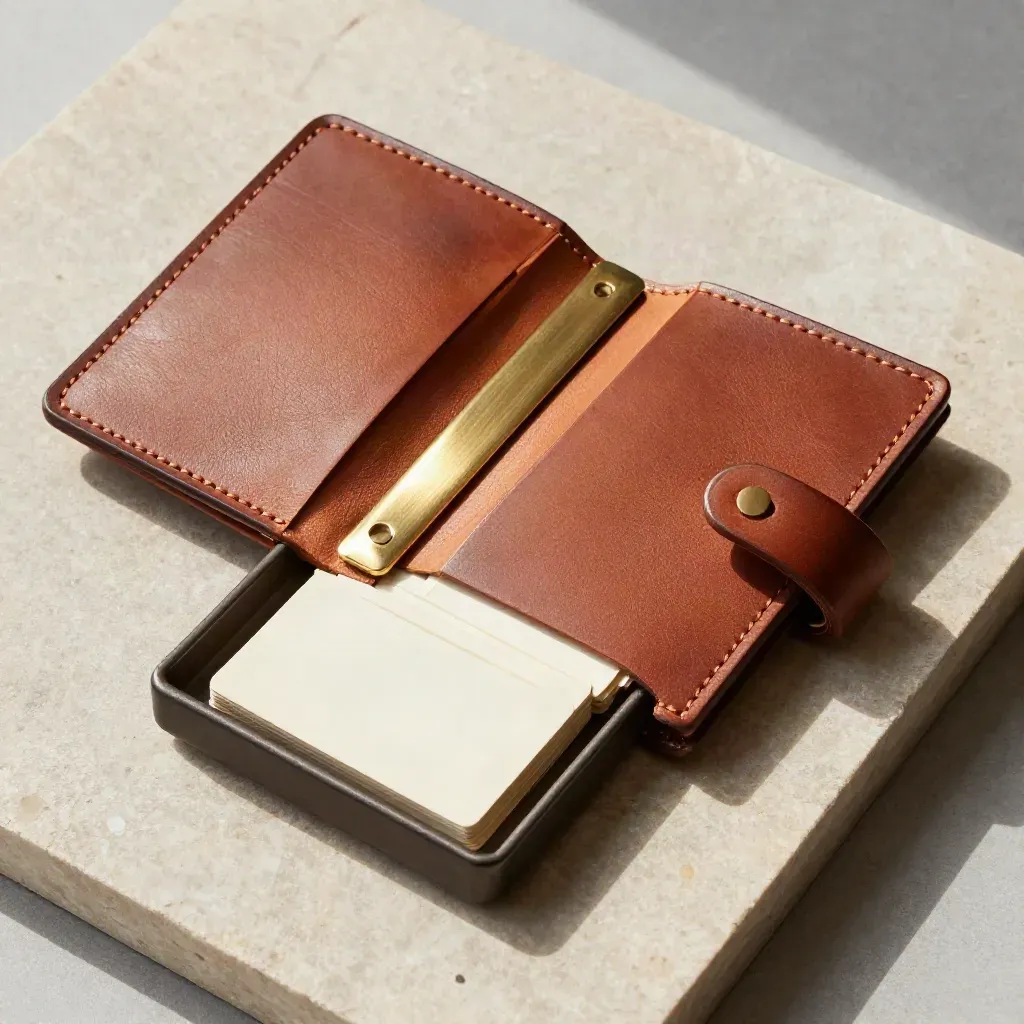Overhead flatlay of a leather scope folder, brass divider, and face-down fee tray on pale stone.