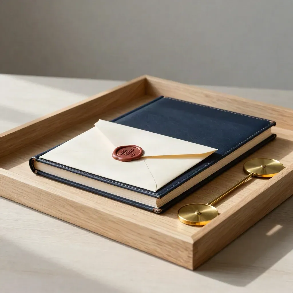 Brass calendar disc, closed folio, and wax-sealed envelope on pale wood