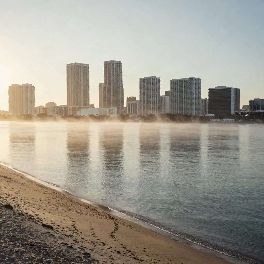 Miami skyline over Biscayne Bay at sunrise with glassy water and haze