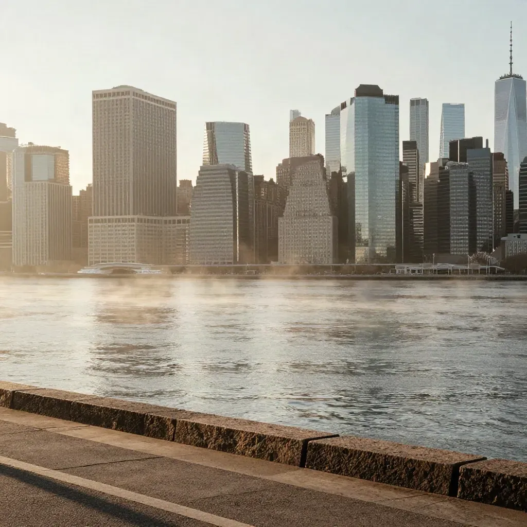 Manhattan skyline glowing above calm Hudson River at golden hour