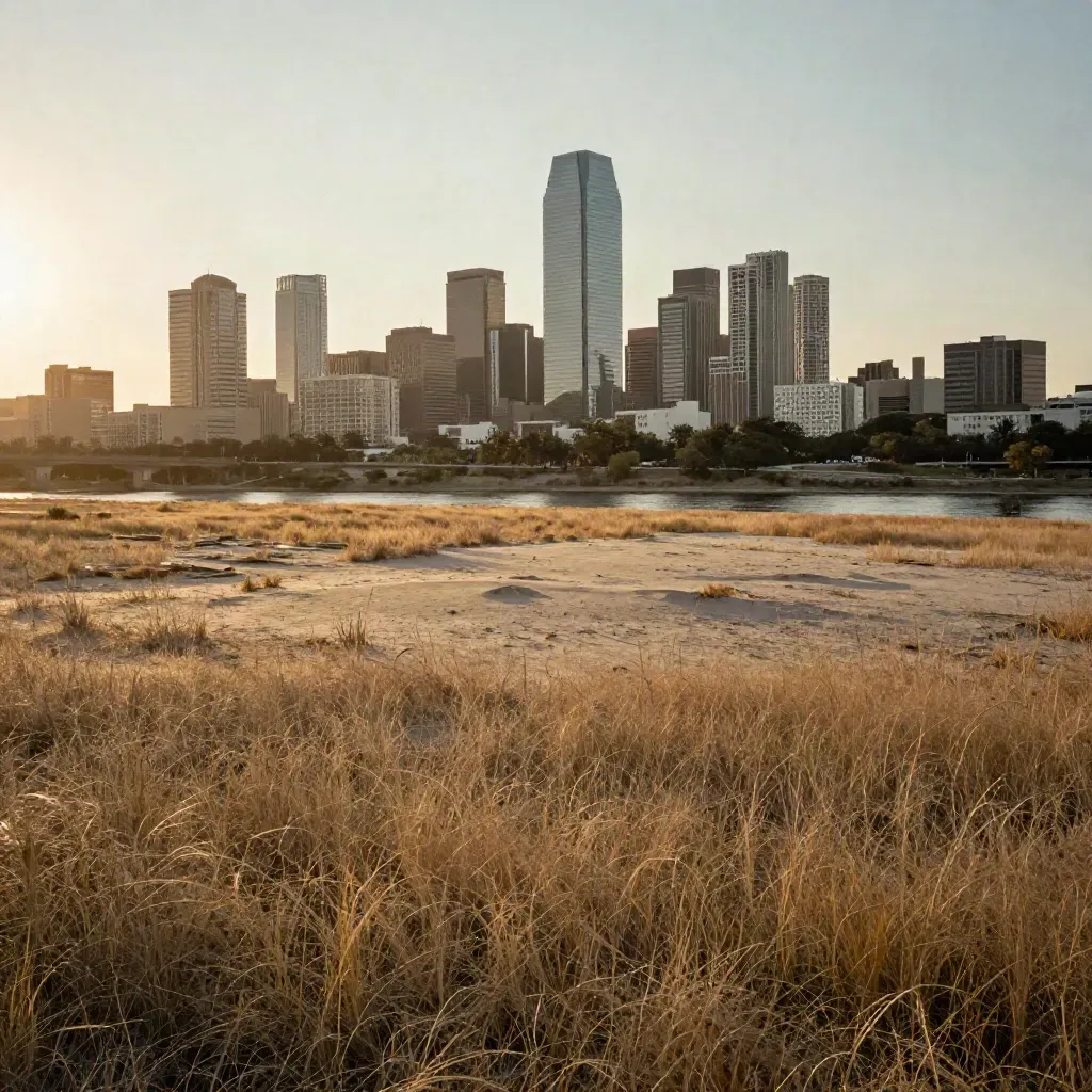 Dallas skyline over Trinity River floodplain with hazy sunset and open grasses