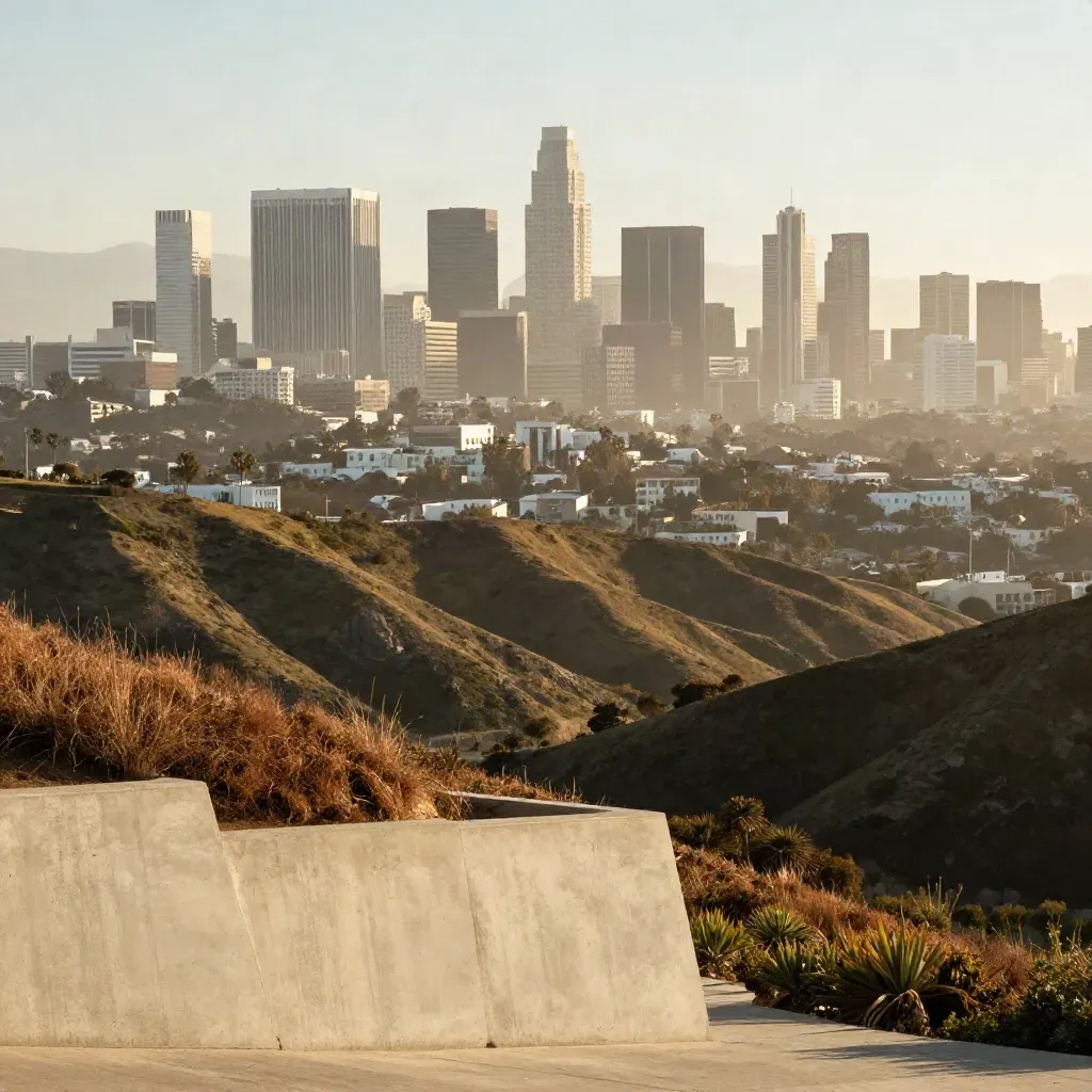 Griffith hillside view of downtown Los Angeles in warm haze above chaparral and rooftops